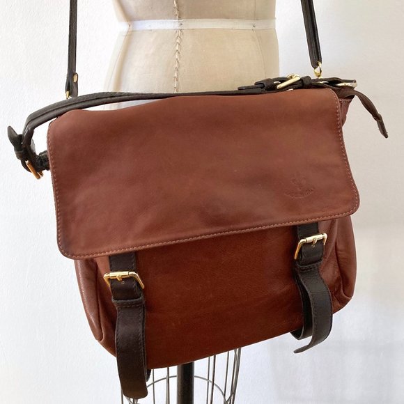 Cognac brown genuine leather crossbody large satchel messenger bag made Italy - Picture 1 of 16